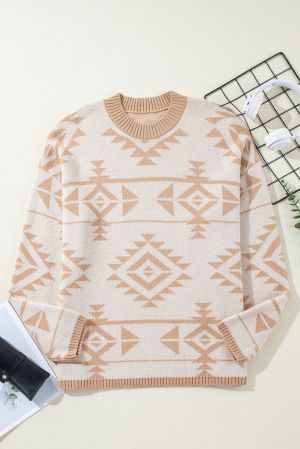 Women's Beige Plus Size Sweater with Aztec Print, Loose Fit