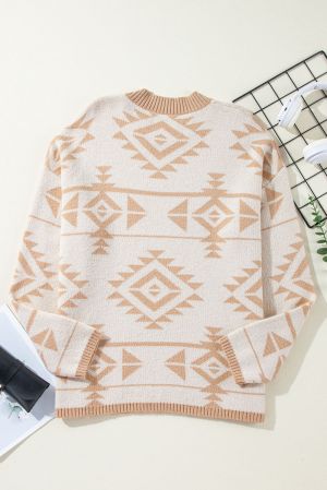 Women's Beige Plus Size Sweater with Aztec Print, Loose Fit