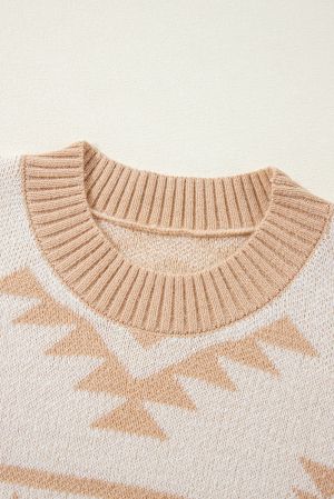 Women's Beige Plus Size Sweater with Aztec Print, Loose Fit