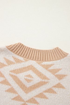 Women's Beige Plus Size Sweater with Aztec Print, Loose Fit