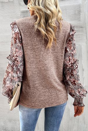 Women's Brown Top with Floral Chiffon Sleeves