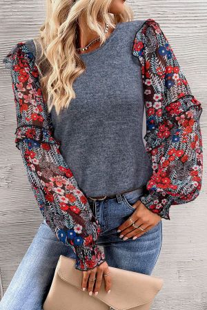 Women's Blue Top with Floral Chiffon Sleeves