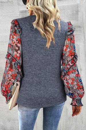 Women's Blue Top with Floral Chiffon Sleeves