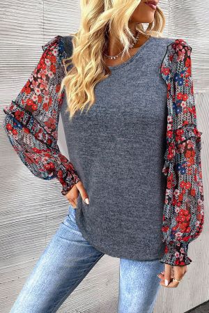 Women's Blue Top with Floral Chiffon Sleeves