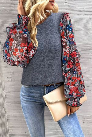 Women's Blue Top with Floral Chiffon Sleeves