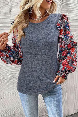 Women's Blue Top with Floral Chiffon Sleeves