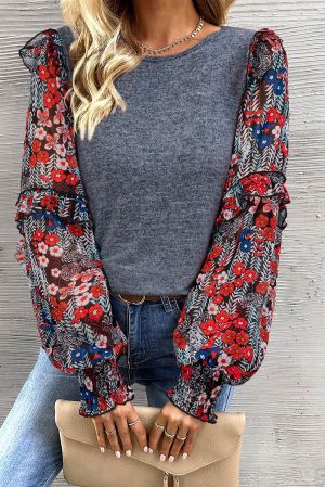 Women's Blue Top with Floral Chiffon Sleeves