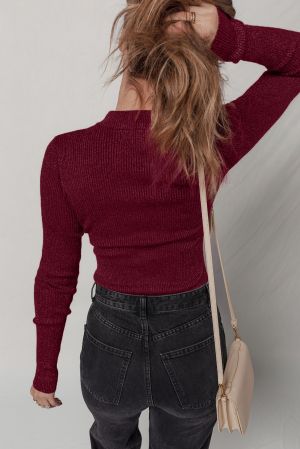 Women's Wine Red Ribbed Knit Slim Fit Long Sleeve Top