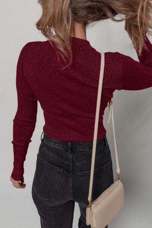 Women's Wine Red Ribbed Knit Slim Fit Long Sleeve Top