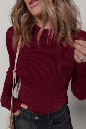 Women's Wine Red Ribbed Knit Slim Fit Long Sleeve Top
