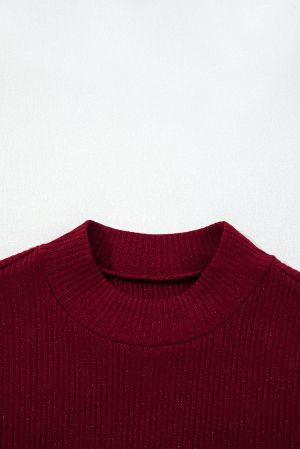 Women's Wine Red Ribbed Knit Slim Fit Long Sleeve Top