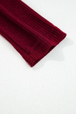 Women's Wine Red Ribbed Knit Slim Fit Long Sleeve Top