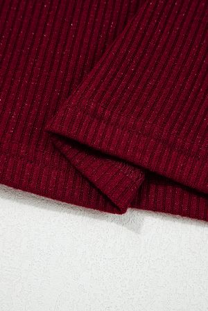 Women's Wine Red Ribbed Knit Slim Fit Long Sleeve Top