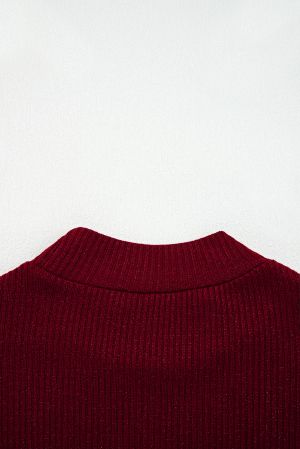 Women's Wine Red Ribbed Knit Slim Fit Long Sleeve Top