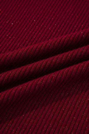 Women's Wine Red Ribbed Knit Slim Fit Long Sleeve Top