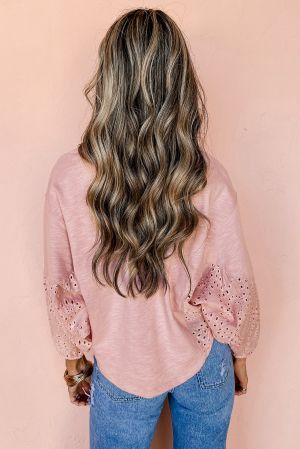 Women's Light Pink Cotton Blouse with V-Neck and Puff Sleeves