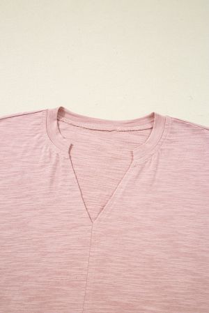 Women's Light Pink Cotton Blouse with V-Neck and Puff Sleeves
