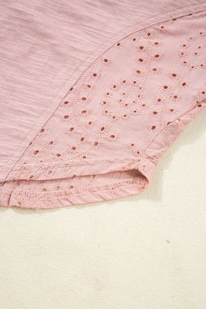 Women's Light Pink Cotton Blouse with V-Neck and Puff Sleeves
