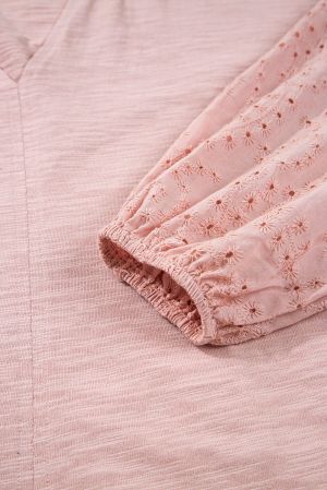 Women's Light Pink Cotton Blouse with V-Neck and Puff Sleeves