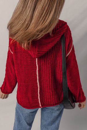 Women's Red Knitted Hoodie Sweater with White Trim