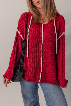 Women's Red Knitted Hoodie Sweater with White Trim