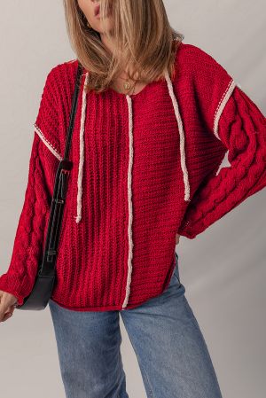 Women's Red Knitted Hoodie Sweater with White Trim