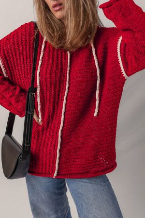 Women's Red Knitted Hoodie Sweater with White Trim