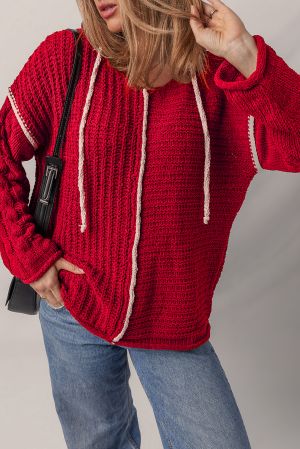Women's Red Knitted Hoodie Sweater with White Trim