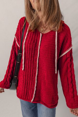 Women's Red Knitted Hoodie Sweater with White Trim