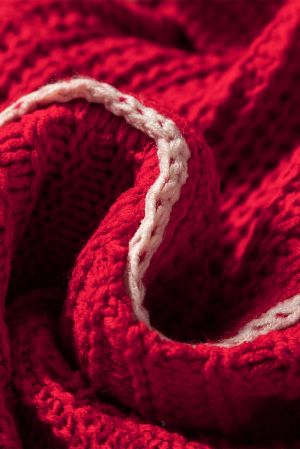 Women's Red Knitted Hoodie Sweater with White Trim