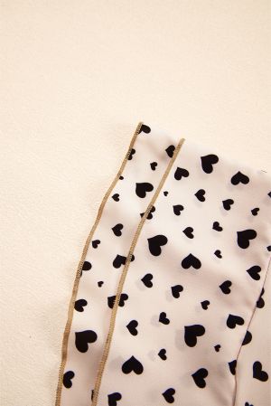 Women’s Short Beige Dress with Heart Print and Ruffle Sleeves