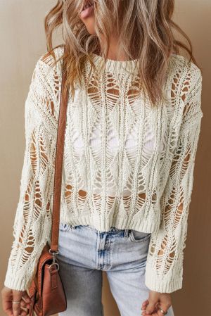 Women’s White Crochet Knit Sweater with Loose Fit