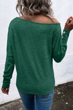 Green Asymmetrical Cut Out Buttoned Long Sleeve Top