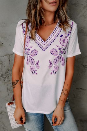 White Floral Pattern V Neck Short Sleeve Top