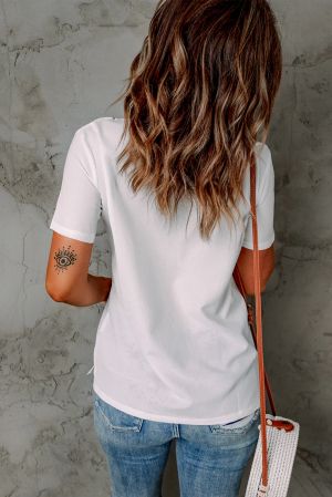 White Floral Pattern V Neck Short Sleeve Top