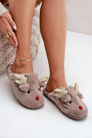 Beige Christmas Slippers with Reindeer and Golden Antlers