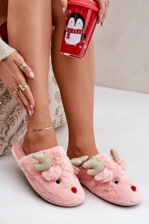 Pink Christmas Slippers with Reindeer and Golden Antlers