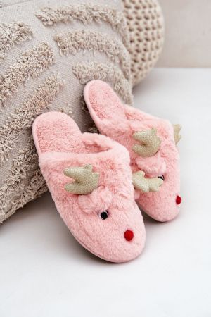 Pink Christmas Slippers with Reindeer and Golden Antlers