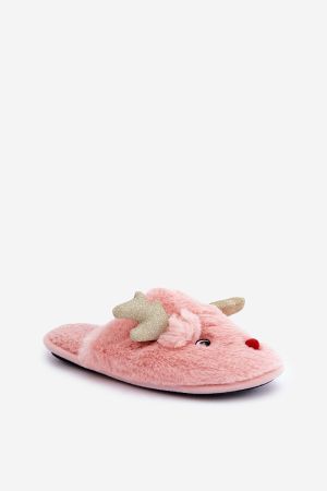 Pink Christmas Slippers with Reindeer and Golden Antlers