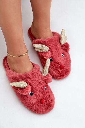 Red Christmas Slippers with Reindeer and Golden Antlers