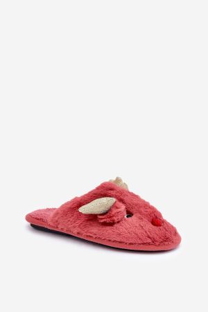 Red Christmas Slippers with Reindeer and Golden Antlers