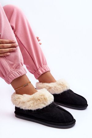 Women’s Black Eco Suede Slippers with Warm Fluffy Lining