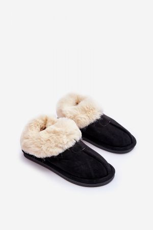 Women’s Black Eco Suede Slippers with Warm Fluffy Lining