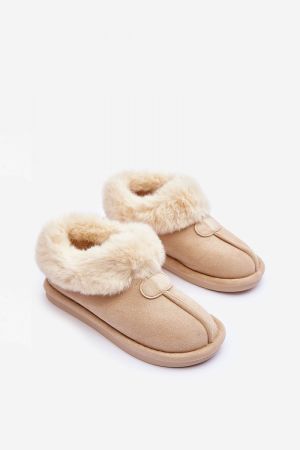 Women’s Light Beige Eco Suede Slippers with Warm Fluffy Lining
