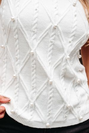 White Pearled High Neck Textured Knit Sweater Vest