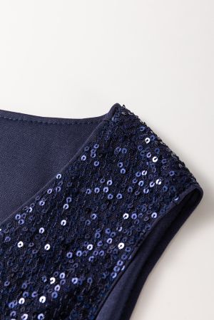 Women's Blue Sequin Sleeveless Top with V-Neckline