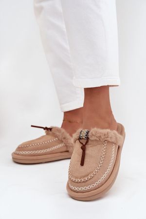 Women’s Beige Eco Suede Slippers with Fur Lining and Embroidery