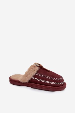 Women’s Wine Red Eco Suede Slippers with Fur Lining and Embroidery