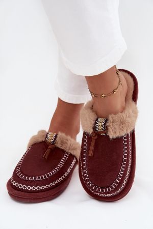 Women’s Wine Red Eco Suede Slippers with Fur Lining and Embroidery