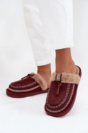 Women’s Wine Red Eco Suede Slippers with Fur Lining and Embroidery